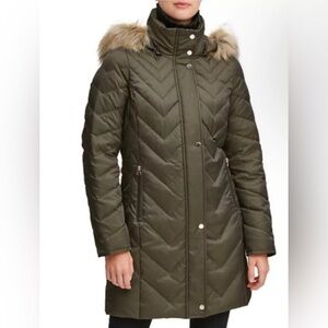Marc New York Womens Chevron Quilted Down Jacket/Removable Faux Fur Hood S Olive